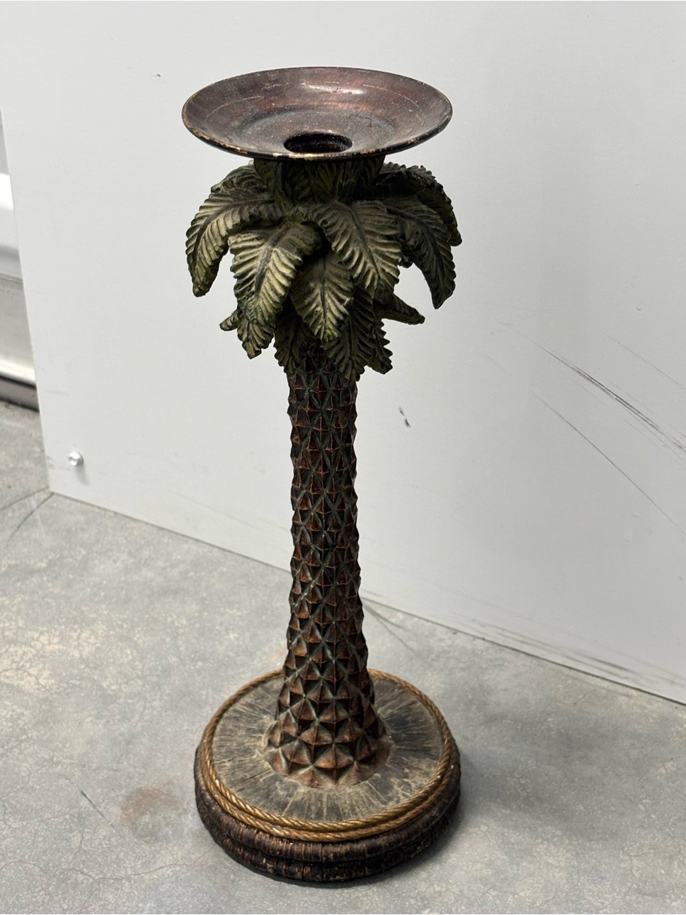 Palm Tree Metal Pillar Candle Holder in Green and Brown